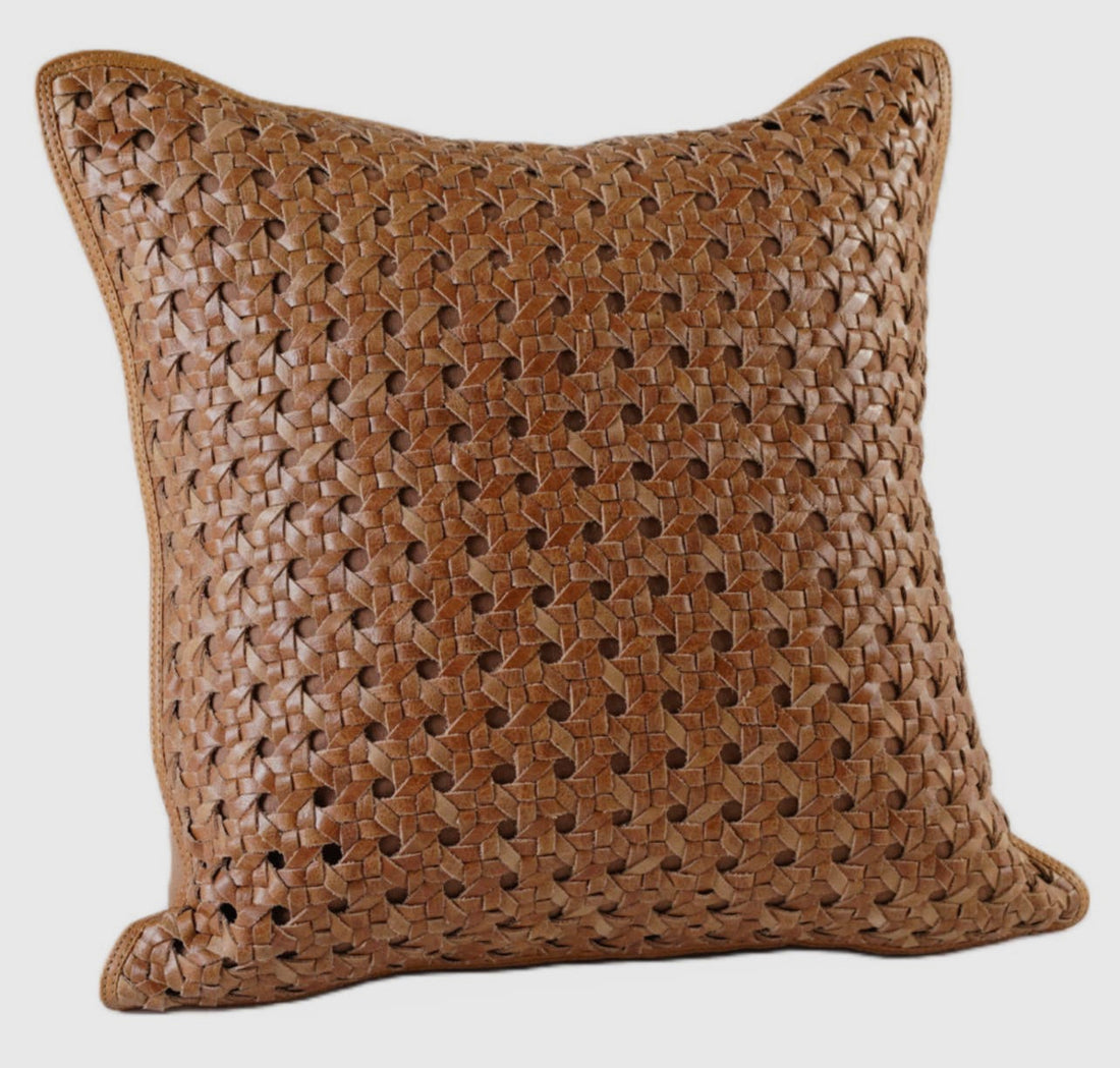Leather Rattan Weave Pillow Cognac 20x20
